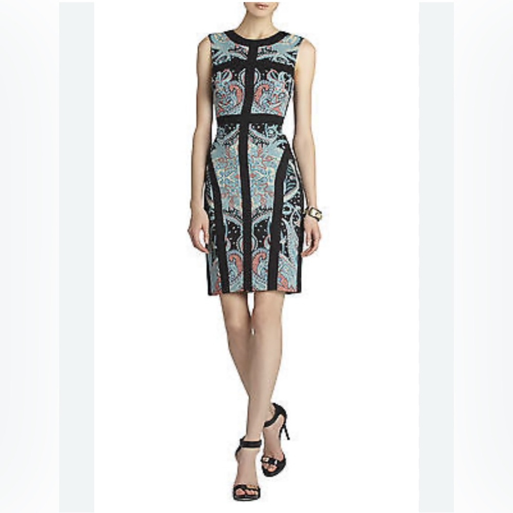 BCBG Max Azria Sheath Dress Size 6 Black Teal Paisley Bodycon Career Cocktail